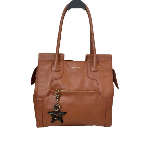 SEE BY CHLOE Cognac Leather Tote with Original Star Charm EUC - Picture 1 of 12